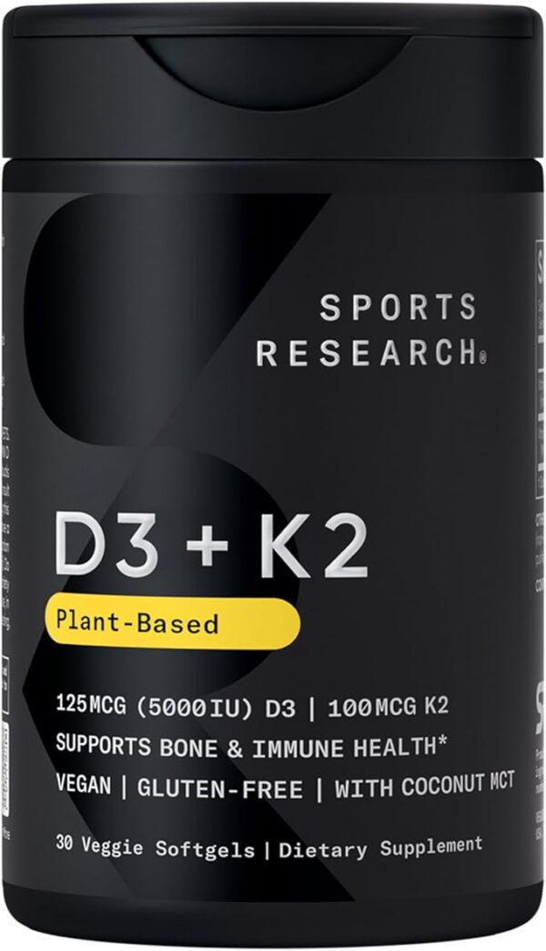 Sports Research Vitamin D3 K2 with Coconut Oil | Plant Based Vitamin K2 MK7 + Vegan D3 5000iu Softgels